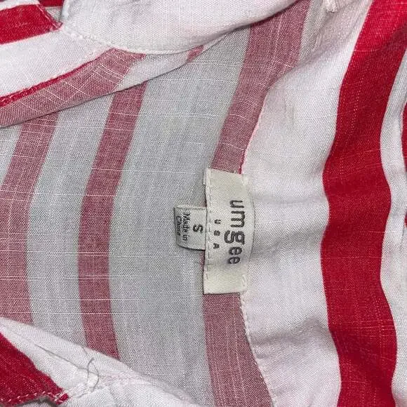 Umgee USA Red & White Stripe V Neck Pocket Shirt Dress with Frayed Bottom - Picture 3 of 4